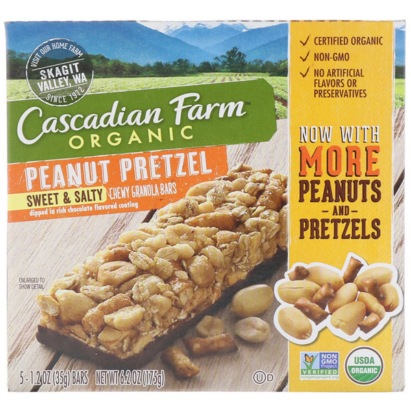 Cascadian Farm, Organic, Chewy Granola Bars, Sweet & Salty, Peanut Pretzel, 5 Bars, 1.2 oz (35 g) Each - The Supplement Shop