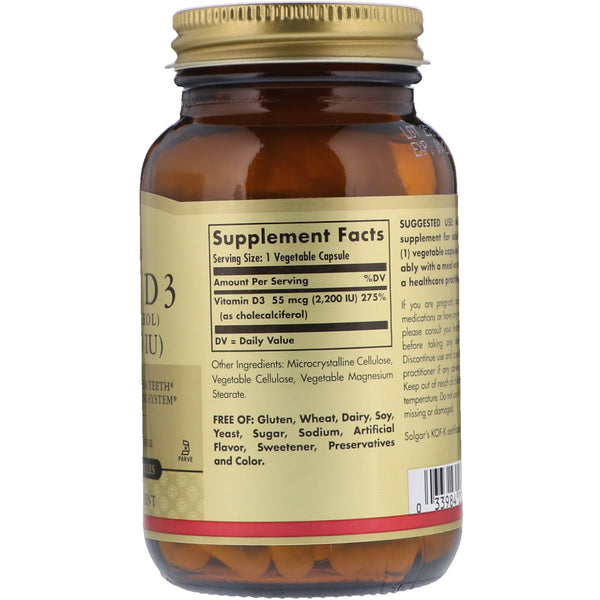 Solgar, Vitamin D3 (Cholecalciferol), 55 mcg (2,200 IU), 100 Vegetable Capsules - The Supplement Shop