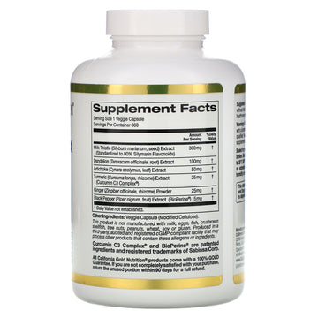 California Gold Nutrition, Silymarin Complex with Milk Thistle Extract Plus Dandelion, Artichoke, Ginger, and BioPerine, 360 Veggie Capsules