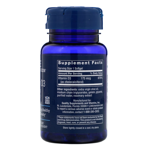 Life Extension, Vitamin D3, 175 mcg (7,000 IU), 60 Softgels - The Supplement Shop