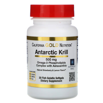 California Gold Nutrition, Antarctic Krill Oil, with Astaxanthin, RIMFROST, Natural Strawberry & Lemon Flavor, 500 mg, 30 Fish Gelatin Softgels