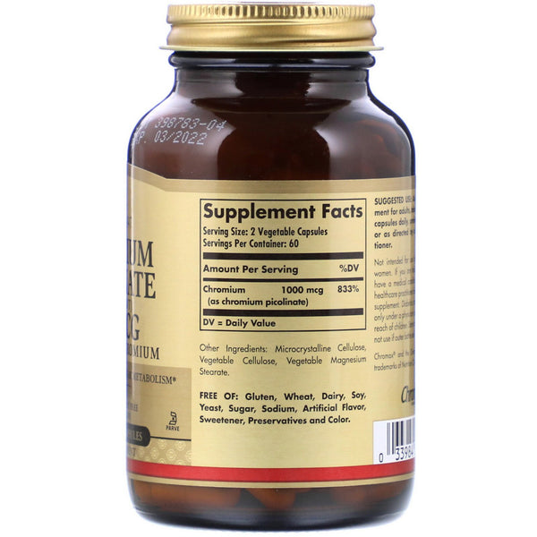 Solgar, Chromium Picolinate, 500 mcg, 120 Vegetable Capsules - The Supplement Shop