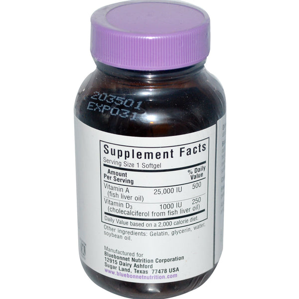 Bluebonnet Nutrition, Vitamin A & D3, 100 Softgels - The Supplement Shop