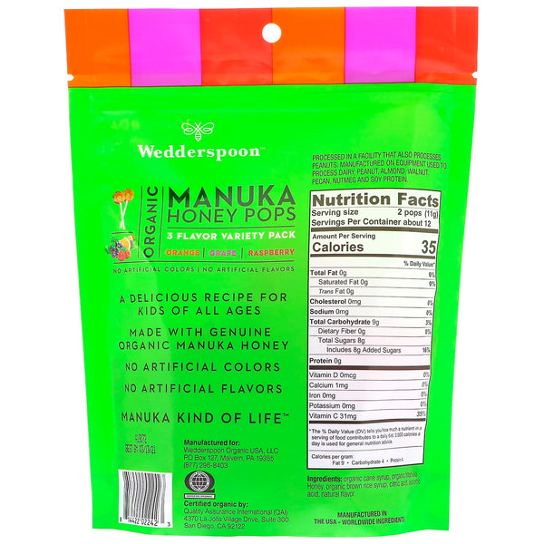 Wedderspoon, Organic Manuka Honey Pops, 3 Flavor Variety Pack, 24 Count, 4.15 oz (118 g) - The Supplement Shop