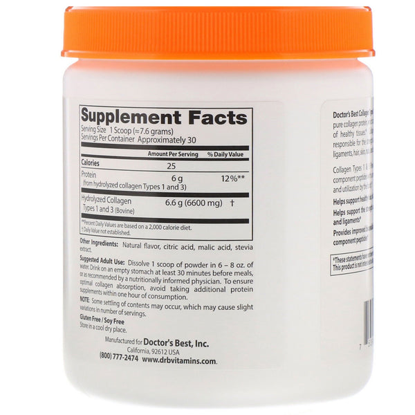 Doctor's Best, Collagen, Types 1 and 3 Powder, Peach Flavored, 8.1 oz (228 g) - The Supplement Shop