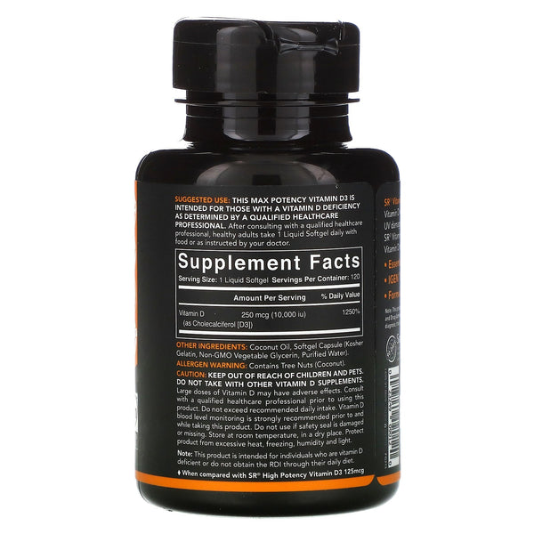 Sports Research, Vitamin D3 with Coconut Oil, 250 mcg (10,000 IU), 120 Softgels - The Supplement Shop