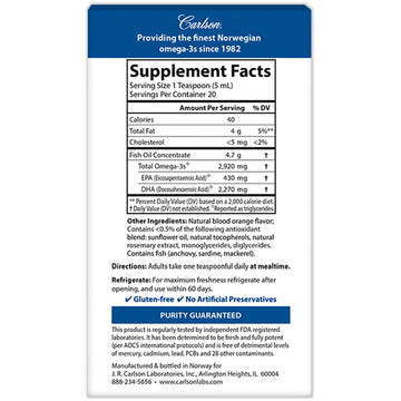 Carlson Labs, Elite DHA, Natural Orange Flavor, 2,270 mg, 3.3 fl oz (100 ml)