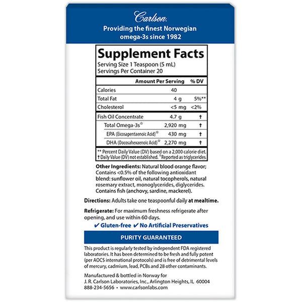 Carlson Labs, Elite DHA, Natural Orange Flavor, 2,270 mg, 3.3 fl oz (100 ml) - The Supplement Shop