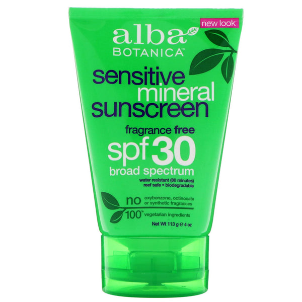 Alba Botanica, Mineral Sunscreen, Sensitive, Fragrance Free, SPF 30, 4 oz (113 g) - The Supplement Shop