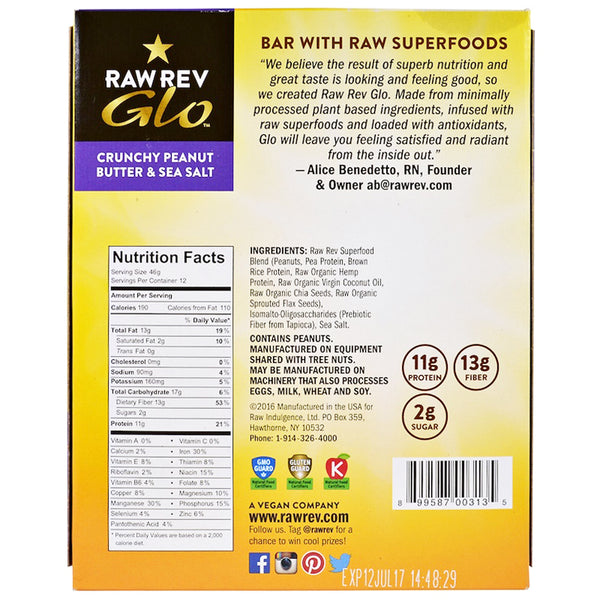 Raw Rev, Glo, Crunchy Peanut Butter & Sea Salt, 12 Bars, 1.6 oz (46 g)