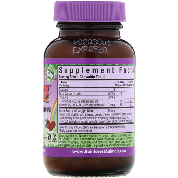 Bluebonnet Nutrition, Super Earth, Rainforest Animalz, Vitamin D3, Natural Mixed Berry Flavor, 400 IU, 90 Chewable Tablets - The Supplement Shop