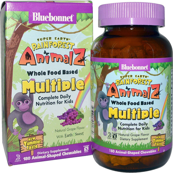 Bluebonnet Nutrition, Rainforest Animalz, Whole Food Based Multiple, Natural Grape Flavor, 180 Animal-Shaped Chewables - The Supplement Shop