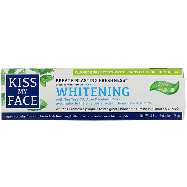 Kiss My Face, Whitening Toothpaste with Tea Tree Oil, Aloe & Iceland Moss, Fluoride Free, Cool Mint Gel, 4.5 oz (127.6 g) - The Supplement Shop
