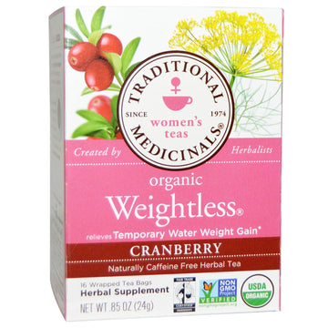 Traditional Medicinals, Women's Teas, Organic Weightless, Naturally Caffeine Free Herbal Tea, Cranberry, 16 Wrapped Tea Bags, .85 oz (24 g)