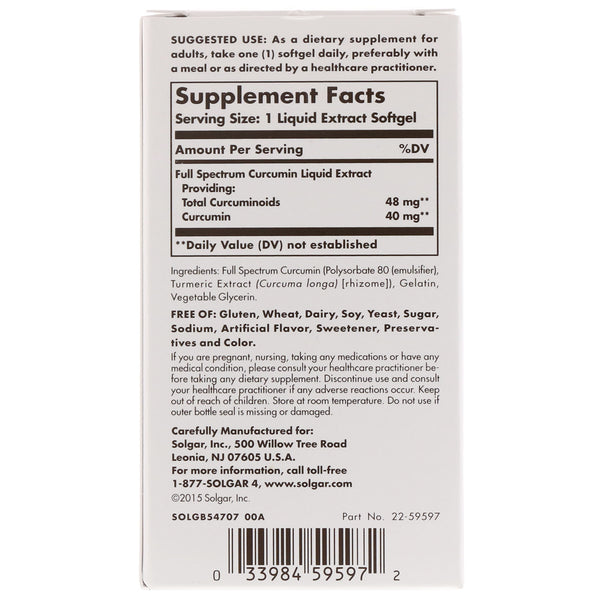 Solgar, Full Spectrum Curcumin, 30 Liquid Extract Softgels - The Supplement Shop