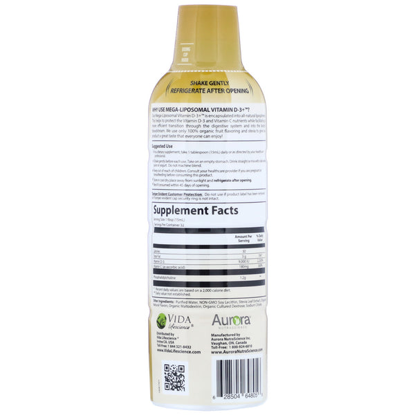 Aurora Nutrascience, Mega-Liposomal Vitamin D3, Organic Fruit Flavor, 9,000 IU, 16 fl oz (480 ml) - The Supplement Shop