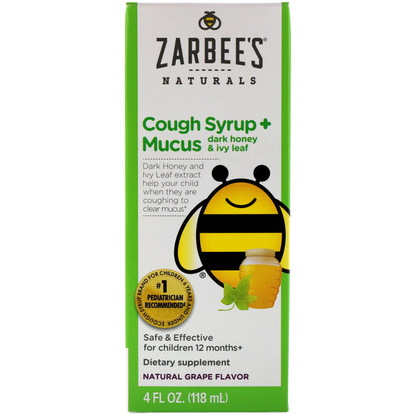 Zarbee's, Children's Cough Syrup + Mucus, Dark Honey & Ivy Leaf, Natural Grape Flavor, For Children 12 Months+, 4 fl oz (118 ml) - The Supplement Shop