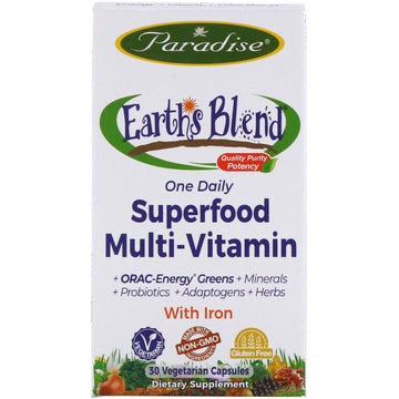SALE Paradise Herbs, Earth's Blend, One Daily Superfood Multi-Vitamin, With Iron, 30 Vegetarian Capsules
