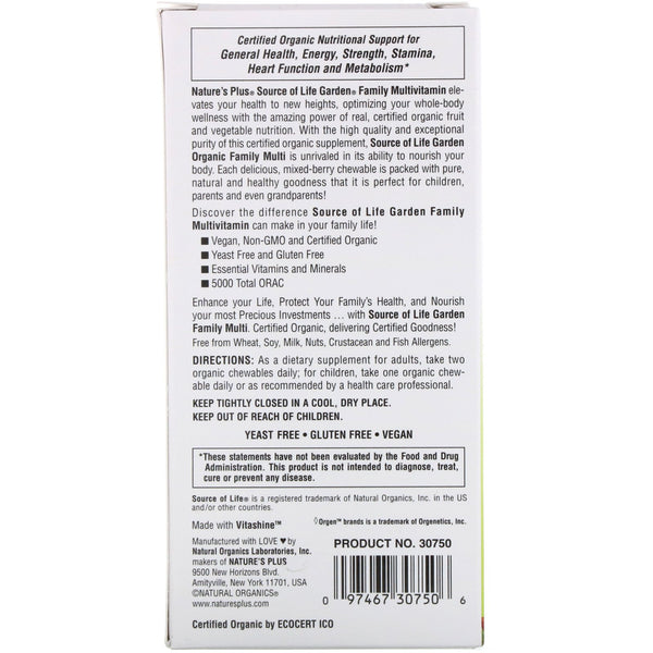 Nature's Plus, Source of Life, Garden, Organic Family Multi, Mixed Berry Flavor, 60 Vegan Chewables - The Supplement Shop