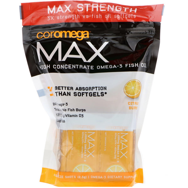 Coromega, Max, High Concentrate Omega-3 Fish Oil, Citrus Burst, 60 Squeeze Shots, (2.5 g) Each - The Supplement Shop