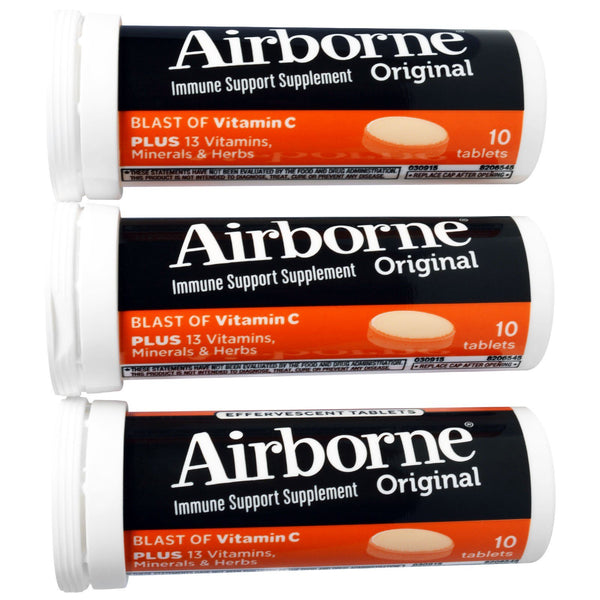 AirBorne, Original, Immune Support, Blast of Vitamin C, Zesty Orange, 3 Tubes, 10 Effervescent Tablets Each - The Supplement Shop