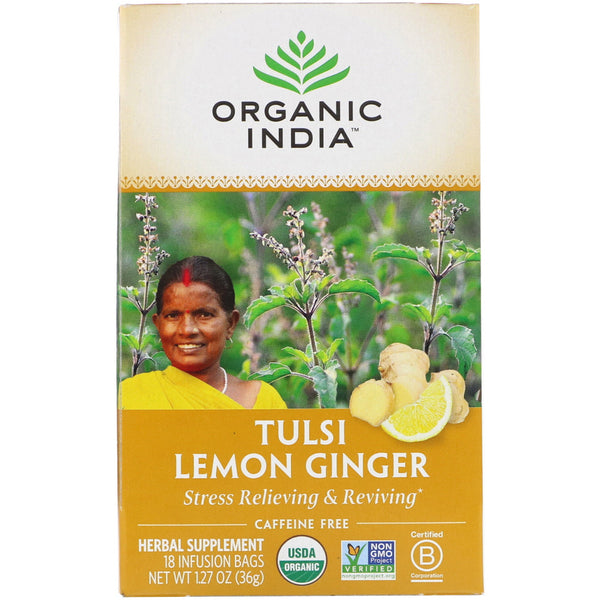 Organic India, Tulsi Tea, Lemon Ginger, Caffeine-Free, 18 Infusion Bags, 1.27 oz (36 g) - The Supplement Shop