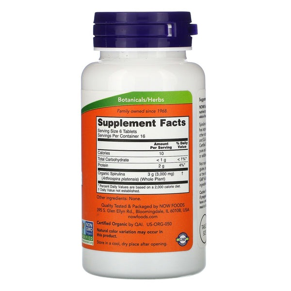 Now Foods, Certified Organic Spirulina, 500 mg, 100 Tablets - The Supplement Shop