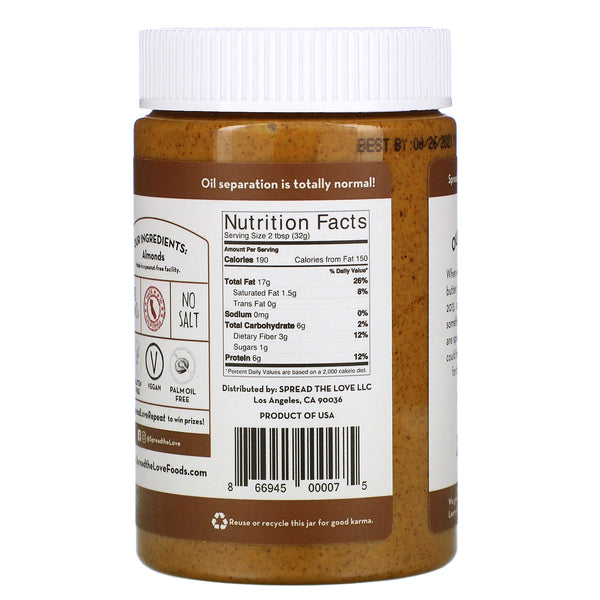 Spread The Love, Almond Butter, Unsalted, 16 oz ( 454 g) - The Supplement Shop