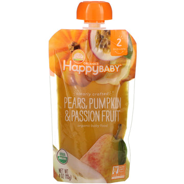 Happy Family Organics, Organic Baby Food, Stage 2, Clearly Crafted,  6+ Months, Pears, Pumpkin, & Passion Fruit, 4.0 oz (113 g)