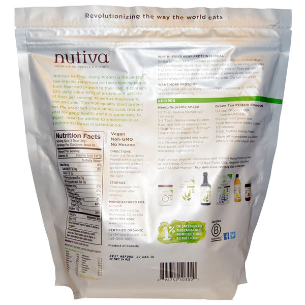 Nutiva, Organic, Hemp Protein Hi-Fiber, 3 lbs (1.36 kg) - The Supplement Shop