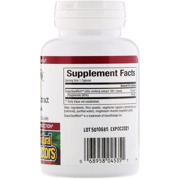 Natural Factors, Grape Seed Extract, 95% Polyphenols, 100 mg, 60 Vetegarian Capsules - The Supplement Shop