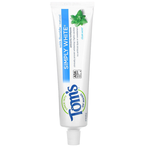 Tom's of Maine, Simply White Anticavity Toothpaste with Fluoride, Clean Mint, 4.7 oz (133 g) - The Supplement Shop