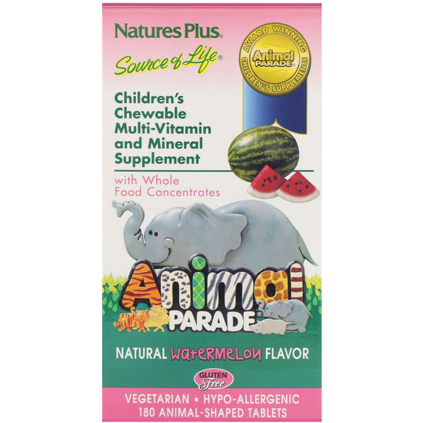 Nature's Plus, Source of Life, Animal Parade, Children's Chewable, Natural Watermelon Flavor, 180 Animal-Shaped Tablets - The Supplement Shop