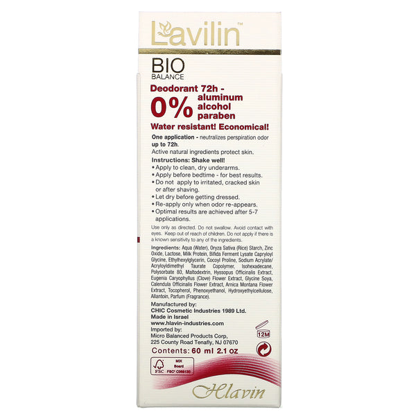 Lavilin, 72h Deodorant, 2.1 oz (60 ml) - The Supplement Shop