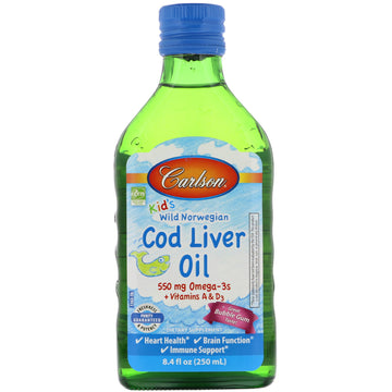 Carlson Labs, Kid's, Wild Norwegian Cod Liver Oil, Bubble Gum Flavor, 8.4 fl oz (250 ml)