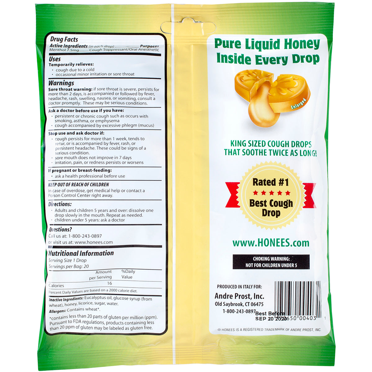Honees, Soothing Throat Drops with Honey, Menthol & Eucalyptus, 20 Pie ...