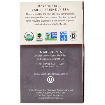 Choice Organic Teas, Organic Decaffeinated Earl Grey, Decaf Black Tea, 16 Tea Bags, 1.12 oz (32 g)