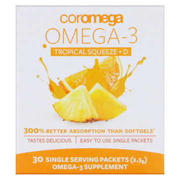 Coromega, Omega-3 Squeeze + Vit D, Tropical Orange, 30 Single Serving Packets, 2.5 g Each