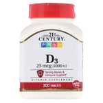 21st Century, Vitamin D3, 25 mcg (1,000 IU), 300 Tablets - The Supplement Shop