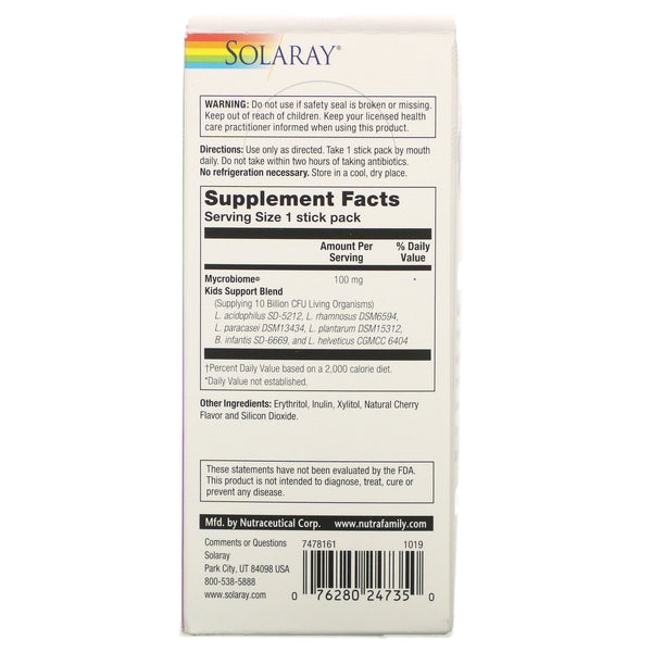 Solaray, Mycrobiome Probiotic, Kids Immune Support, Natural Cherry Flavor, 10 Billion Live Cultures, 20 Stick Packs - The Supplement Shop