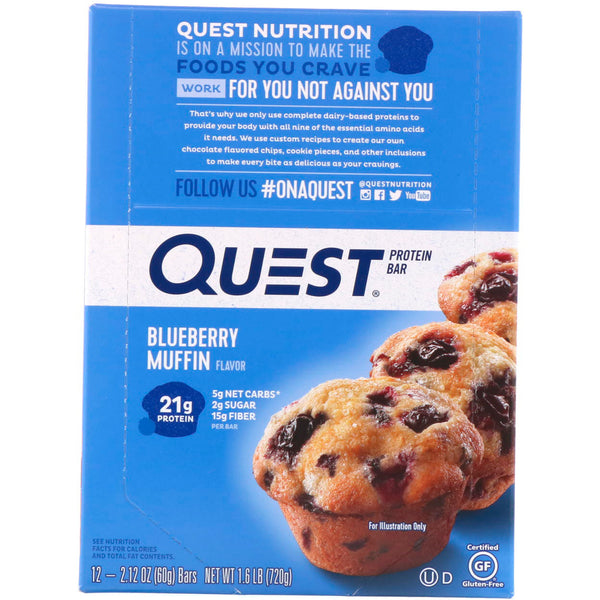 Quest Nutrition, Protein Bar, Blueberry Muffin, 12 Bars, 2.12 oz (60 g) Each - The Supplement Shop