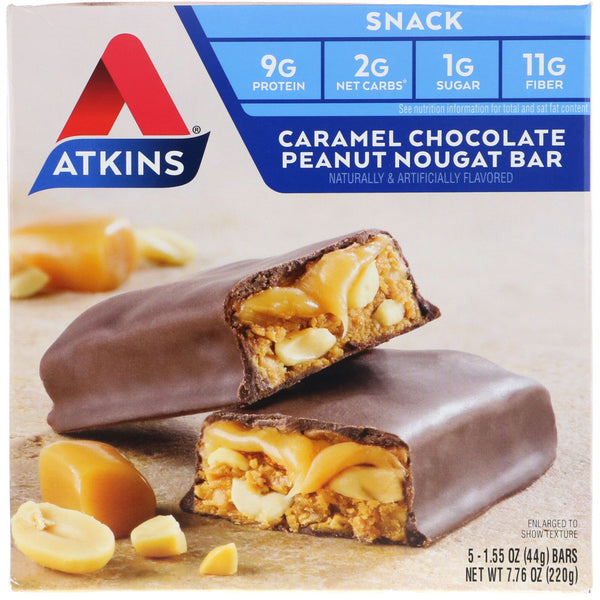 Atkins, Snack, Caramel Chocolate Peanut Nougat Bar, 5 Bars, 1.6 oz (44 g) Each - The Supplement Shop