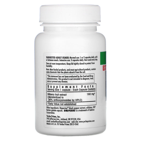 Yerba Prima, Bilberry Extra Strength, 50 Capsules - The Supplement Shop