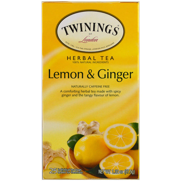 Twinings, Herbal Tea, Lemon & Ginger, Caffeine Free, 25 Tea Bags, 1.32 oz (37.5 g) - The Supplement Shop