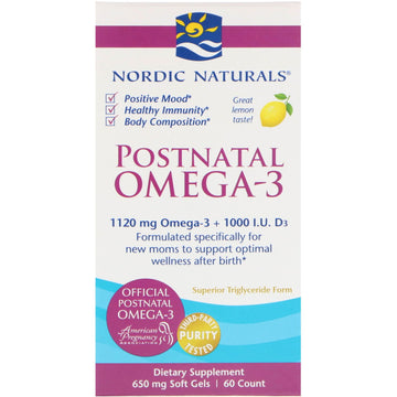 Nordic Naturals, Postnatal Omega-3, Lemon, 650 mg, 60 Soft Gels