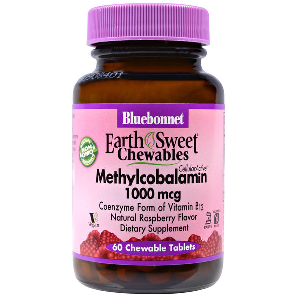 Bluebonnet Nutrition, EarthSweet Chewables, Methylcobalamin, Natural Raspberry Flavor, 1,000 mcg, 60 Chewable Tablets - The Supplement Shop