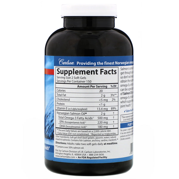Carlson Labs, Norwegian Salmon Oil, 500 mg, 300 Soft Gels - The Supplement Shop