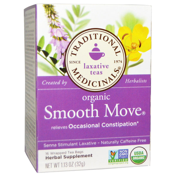 Traditional Medicinals, Laxative Teas, Organic Smooth Move, Senna Stimulant Laxative, Naturally Caffeine Free Herbal Tea, 16 Wrapped Tea Bags, 1.13 oz (32 g) - The Supplement Shop