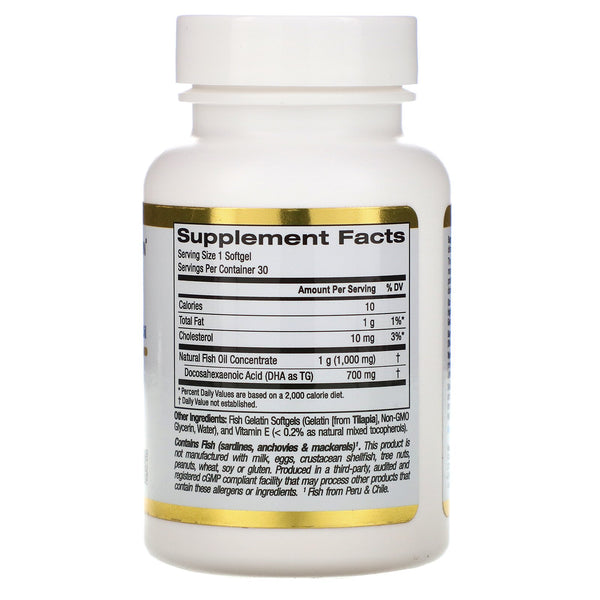 California Gold Nutrition, DHA 700 Fish Oil, Pharmaceutical Grade, 1,000 mg, 30 Fish Gelatin Softgels - The Supplement Shop