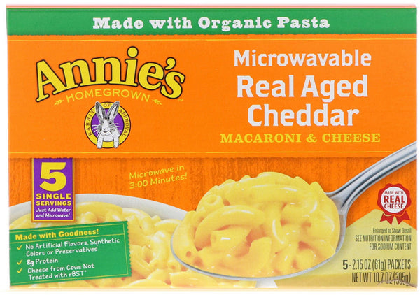 Annie's Homegrown, Microwavable Mac & Cheese, Real Aged Cheddar, 5 Packets, 2.15 oz (61 g) Each - The Supplement Shop